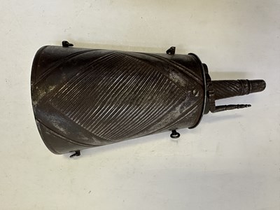 Lot 82 - AN ITALIAN POWDER-FLASK FORMED ENTIRELY OF STEEL, LAST QUARTER OF THE 16TH CENTURY