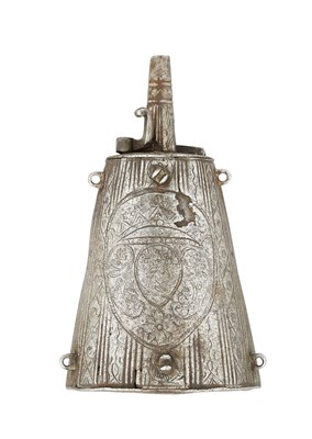 Lot 84 - AN ITALIAN PRIMING-FLASK FORMED ENTIRELY OF STEEL, LAST QUARTER OF THE 16TH CENTURY