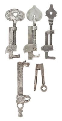 Lot 81 - A COMBINED SPRING CLAMP, SPANNER AND TURNSCREW AND FOUR FURTHER TOOLS, 17TH/18TH CENTURY