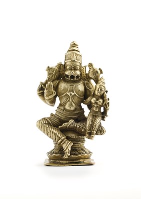 Lot 185 - A SMALL BRONZE FIGURE OF NARASIMHA, SOUTH INDIA, 16TH / 17TH CENTURY