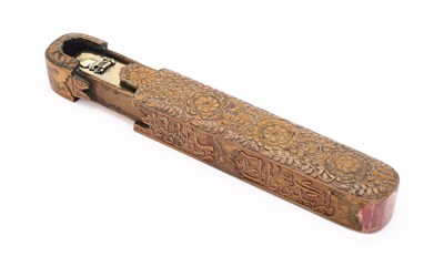 Lot 452 - A QAJAR PAINTED AND CARVED WOOD PEN BOX, PERSIA, 19TH CENTURY