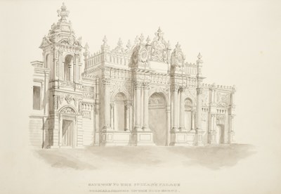 Lot 478 - TWO PENCIL SKETCHES OF THE DOLMABAHCE PALACE, TURKEY, CIRCA 1900