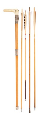 Lot 627 - A PRIZE ARCHERY CANE, SWAINE & CO, LONDON, ALONG WITH FOUR ARROWS, 19TH CENTURY