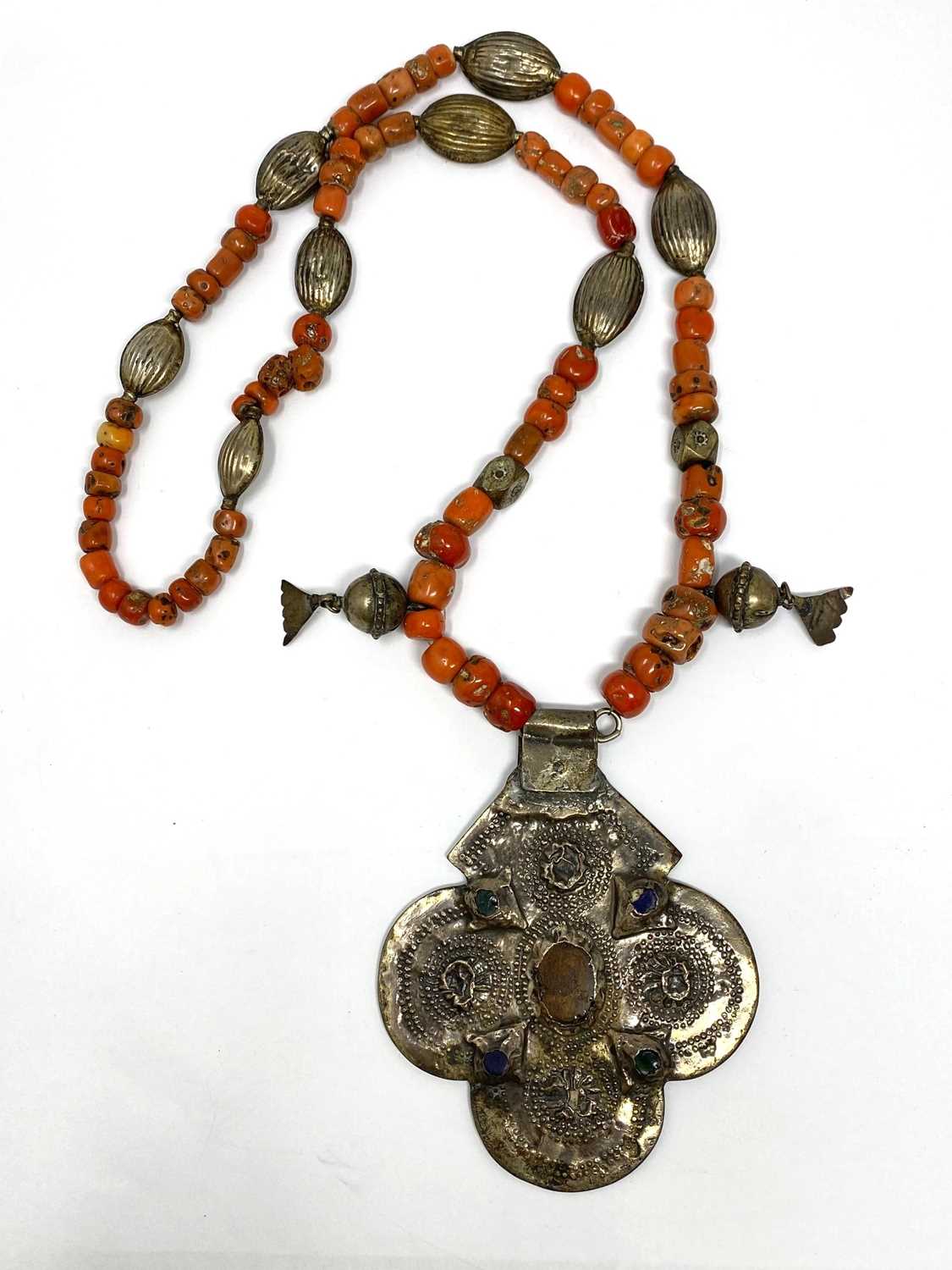 Lot 340 - CORAL, SILVER, AND GLASS PENDENT NECKLACE, MOROCCO, EARLY 20TH CENTURY