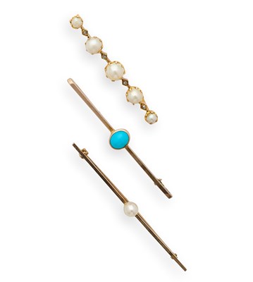 Lot 338 - THREE VICTORIAN GOLD AND GEM-SET BAR BROOCHES, 1900s