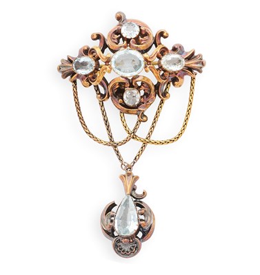 Lot 356 - VICTORIAN GOLD AND AQUAMARINE BROOCH, 1850s