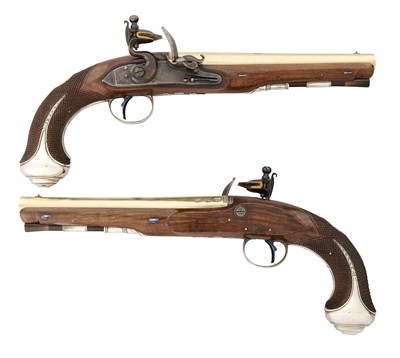 Lot 110 - A FINE PAIR OF 22 BORE FLINTLOCK SILVER-MOUNTED HOLSTER PISTOLS IN EXCEPTIONAL CONDITION