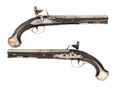 Lot 82 - A PAIR OF 40-BORE FLINTLOCK SILVER-MOUNTED HOLSTER PISTOLS BY STANTON OF LONDON