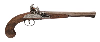 Lot 118 - A FINE 28 BORE FLINTLOCK D.B. SINGLE-TRIGGER CARRIAGE PISTOL BY H. NOCK, LONDON, LATE 18TH CENTURY