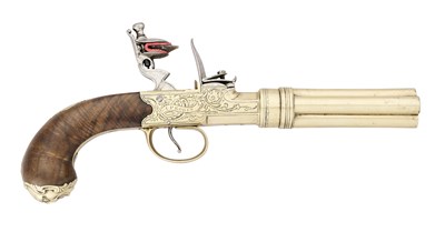 Lot 88 - A FINE AND RARE 80 BORE FLINTLOCK TUTENAG FOUR-SHOT VOLLEY PISTOL BY I. PROBIN OF BIRMINGHAM