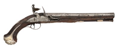 Lot 74 - A 14 BORE FLINTLOCK SILVER-MOUNTED HOLSTER PISTOL BY WILLMORE, LONDON, CIRCA 1735-45