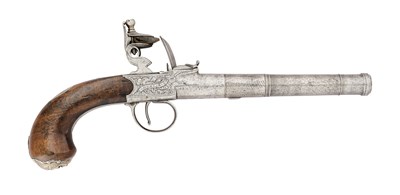 Lot 89 - AN IRISH 25 BORE FLINTLOCK BOX-LOCK PISTOL BY RANSFORD, DUBLIN, BIRMINGHAM HALLMARKS FOR 1781