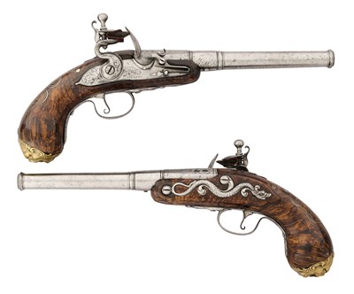 Lot 59 - A VERY RARE PAIR OF 50 BORE FLINTLOCK RIFLED TURN-OFF PISTOLS BY DOLEP OF LONDON, LATE 17TH CENTURY