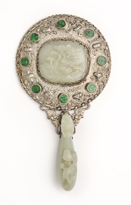 Lot 67 - A CHINESE JADE-INSET SILVER HAND MIRROR, QING DYNASTY, 19TH CENTURY
