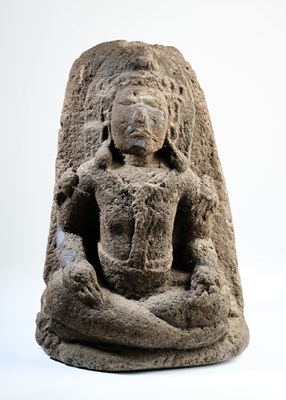 Lot 486 - A CARVED ANDESITE FIGURE OF A SEATED DEITY, JAVA, INDONESIA, 10TH-12TH CENTURY