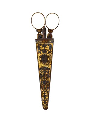 Lot 320 - A PAIR OF SPANISH DAMASCENED STEEL SCISSORS IN CASE, ARTILLERIA FABRICA DE TOLEDO, LATE 19TH CENTURY