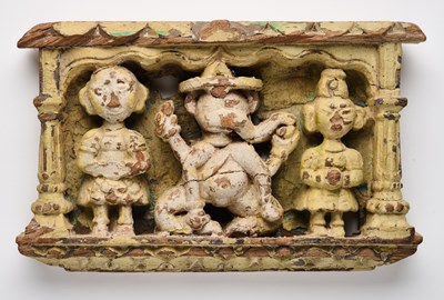 Lot 496 - A CARVED AND PAINTED WOOD RELIEF DEPICTING GANESHA, GUJARAT, WESTERN INDIA, 19TH CENTURY