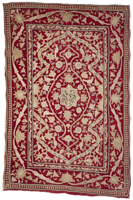 Lot 462 - A LATE QAJAR EMBROIDERED PANEL, KASHAN, PERSIA, CIRCA 1900