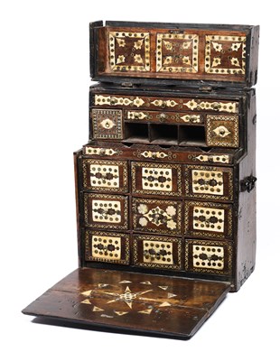 Lot 155 - AN OTTOMAN IVORY AND BRASS INLAID WOOD JEWELLER'S CHEST, TURKEY, 17TH CENTURY