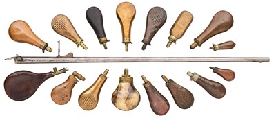 Lot 325 - A LARGE GROUP OF VARIOUS POWDER- AND SHOT-FLASKS, MOSTLY 19TH CENTURY AND BY VARIOUS MAKERS