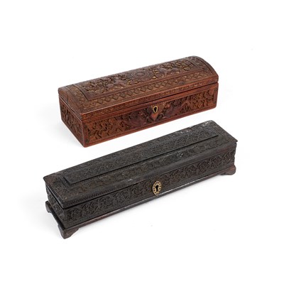Lot 449 - TWO ANGLO-INDIAN CARVED WOOD PENBOXES, NAGINA AND BOMBAY, CIRCA 1880
