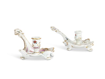 Lot 35 - TWO MEISSEN PORCELAIN CHAMBERSTICKS, 18TH AND 19TH CENTURY
