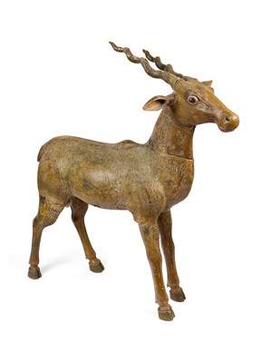 Lot 493 - A CARVED AND PAINTED WOOD FIGURE OF AN ANTELOPE, SOUTHERN INDIA, 19TH CENTURY