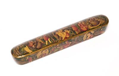 Lot 23 - A LACQUERED PAPIER-MACHE PENCASE, PERSIA, LATER SIGNED 'ABBAS SHIRAZI', DATED 1901-2