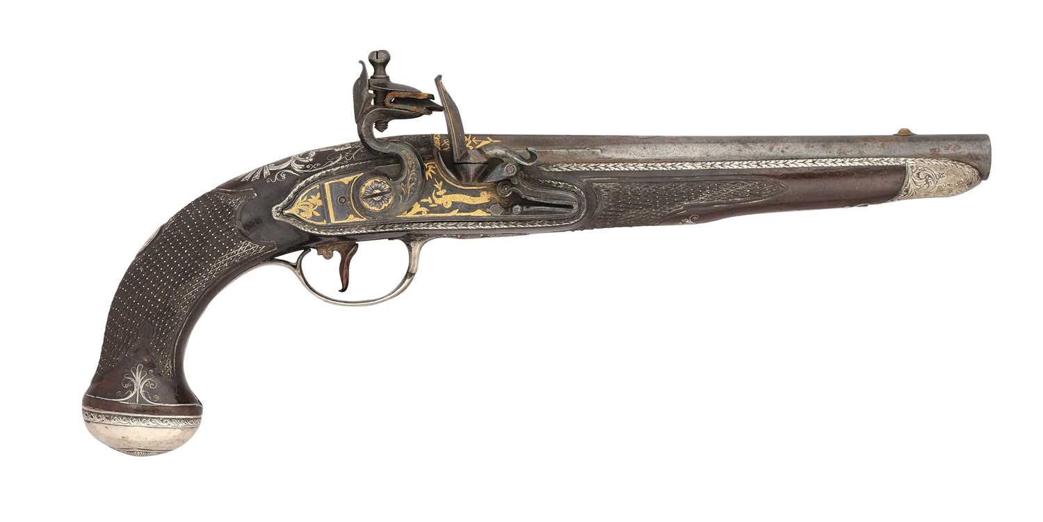 Lot 36 - AN OTTOMAN 20 BORE FLINTLOCK SILVER-MOUNTED HOLSTER PISTOL, EARLY 19TH CENTURY