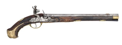 Lot 248 - A 14 BORE GERMAN (FRANCONIAN) MILITARY FLINTLOCK HOLSTER PISTOL, WURZBURG, CIRCA 1750