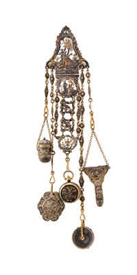 Lot 327 - A PARCEL-GILT-ELECTROPLATE CHATELAINE, FRENCH, LATE 19TH CENTURY