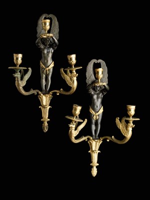Lot 14 - A PAIR OF PARCEL-GILT-BRONZE FIGURAL WALL LIGHTS