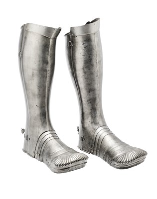 Lot 124 - A RARE PAIR OF GERMAN GREAVES AND SABATONS OF LARGE SIZE, CIRCA 1530