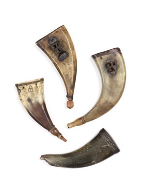 Lot 621 - THREE GERMAN OR AUSTRIAN POWDER-FLASKS FOR WHEEL-LOCK RIFLES