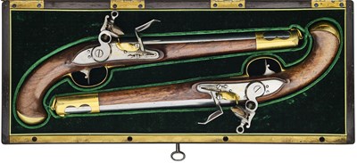 Lot 238 - A FINE CASED PAIR OF 14 BORE RUSSIAN IMPERIAL FLINTLOCK PISTOLS BUILT ON THE AUSTRIAN MODEL 1798
