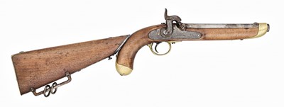 Lot 287 - A 28 BORE GERMAN (BADEN) CAVALRY PISTOL WITH SHOULDER STOCK, DATED 1828