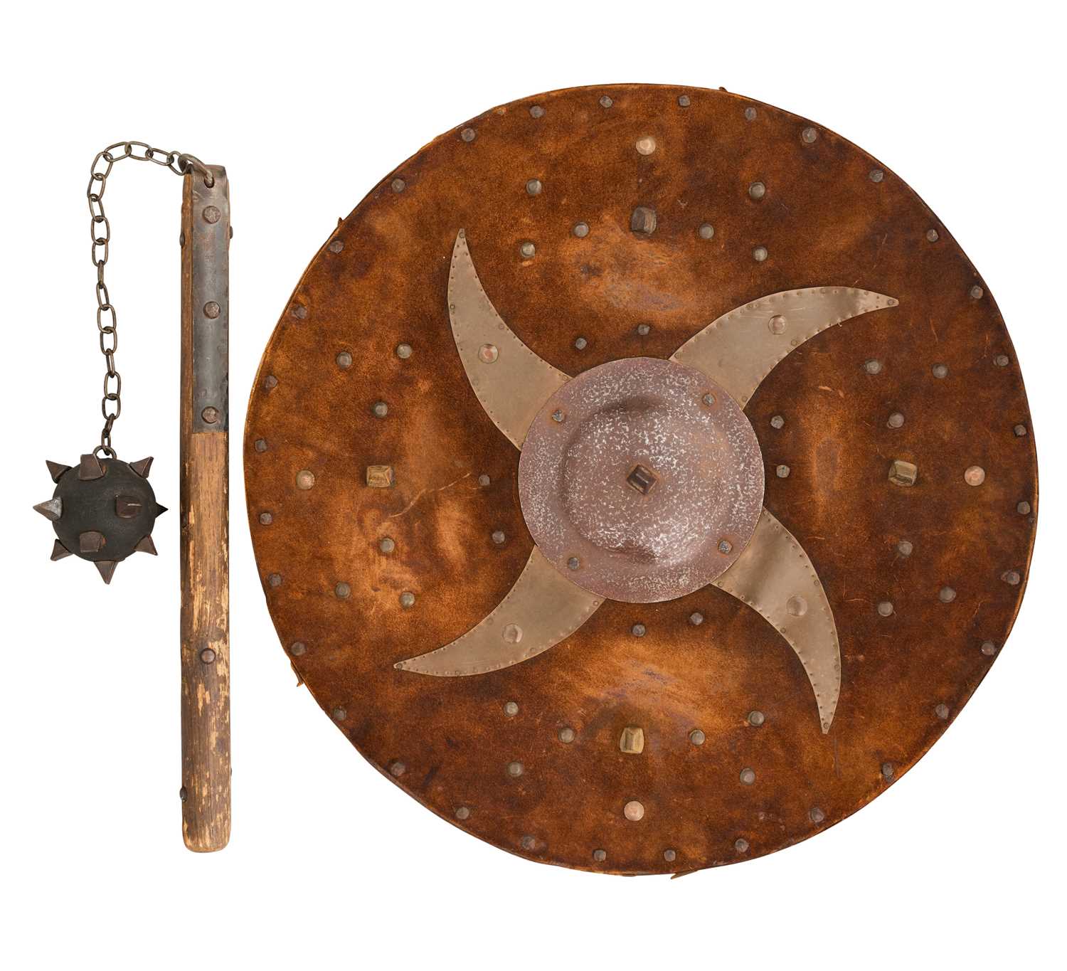 Lot 556 - A TARGET IN SCOTTISH 18TH CENTURY STYLE, AND A BALL AND CHAIN FLAIL IN MEDIEVAL STYLE