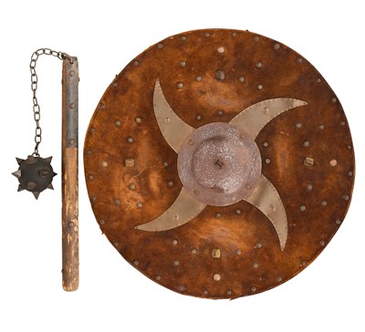 Lot 556 - A TARGET IN SCOTTISH 18TH CENTURY STYLE, AND A BALL AND CHAIN FLAIL IN MEDIEVAL STYLE