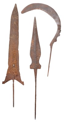 Lot 114 - TWO EARLY INDIAN SPEARHEADS, 16TH/17TH CENTURY OR EARLIER, AND AN INDIAN SICKLE