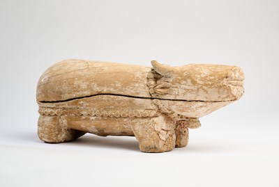 Lot 12 - A CARVED WOOD FIGURE OF NANDI, SOUTH INDIA, CIRCA 19TH CENTURY
