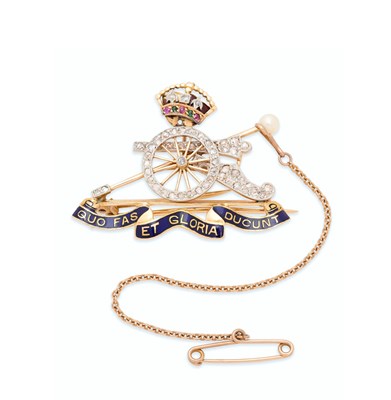 Lot 51 - ROYAL ARTILLERY REGIMENTAL GOLD, ENAMEL AND DIAMOND BROOCH, 1930s