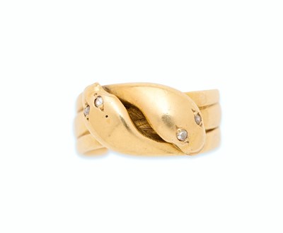 Lot 28 - VICTORIAN GOLD AND DIAMOND SERPENT RING, 1873