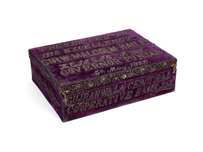 Lot 451 - A VELVET AND SILVER APPLIQUE PRESENTATION BOX, GUJRANWALA, PUNJAB, INDIA (NOW PAKISTAN), DATED 1926