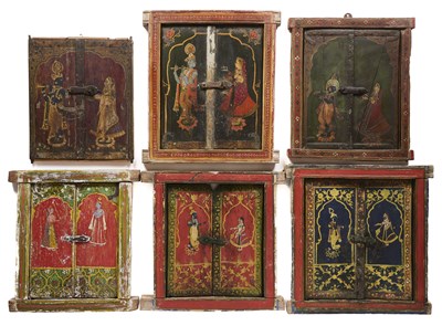 Lot 40 - SIX PAIRS OF PAINTED WOOD SHUTTERS, RAJASTHAN, INDIA, 19TH CENTURY