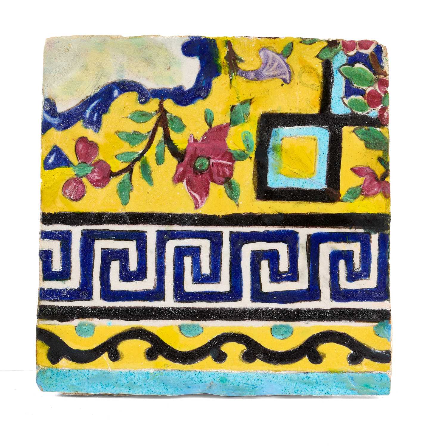 Lot 389 - A QAJAR CUERDA SECA BORDER TILE, PERSIA, 19TH CENTURY