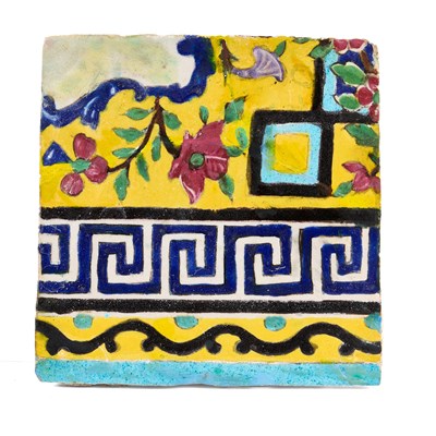 Lot 389 - A QAJAR CUERDA SECA BORDER TILE, PERSIA, 19TH CENTURY