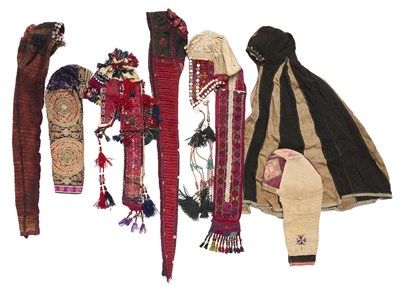 Lot 83 - A GROUP OF SEVEN HEADDRESSES, CENTRAL ASIA, LATE 19TH/20TH CENTURY