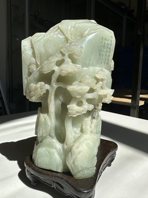 Lot 24 - A CHINESE IMPERIALLY INSCRIBED JADE MOUNTAIN, QING DYNASTY
