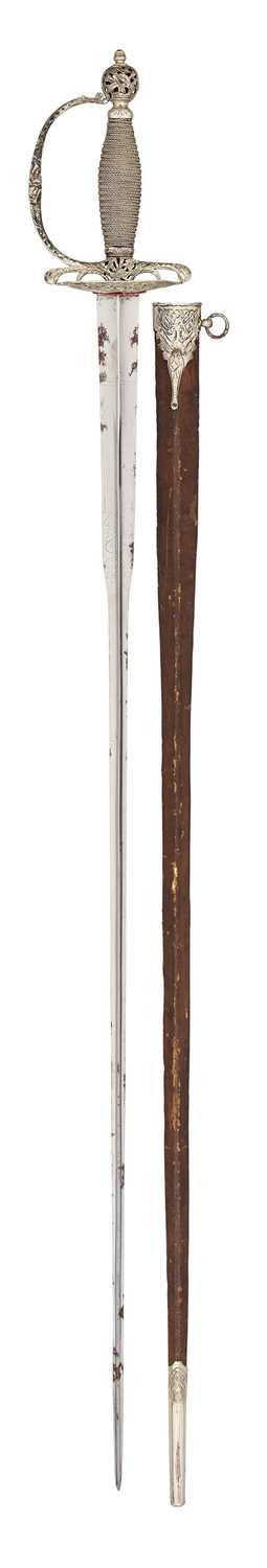 Lot 48 - A FINE ENGLISH SILVER-HILTED SMALL-SWORD RETAILED BY BOCK, COCKSPUR STREET, CHAR. CROSS, CIRCA 1768