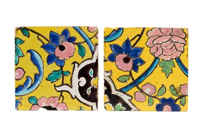 Lot 515 - TWO QAJAR CUERDA SECA TILES, PROBABLY SHIRAZ, PERSIA, 19TH CENTURY